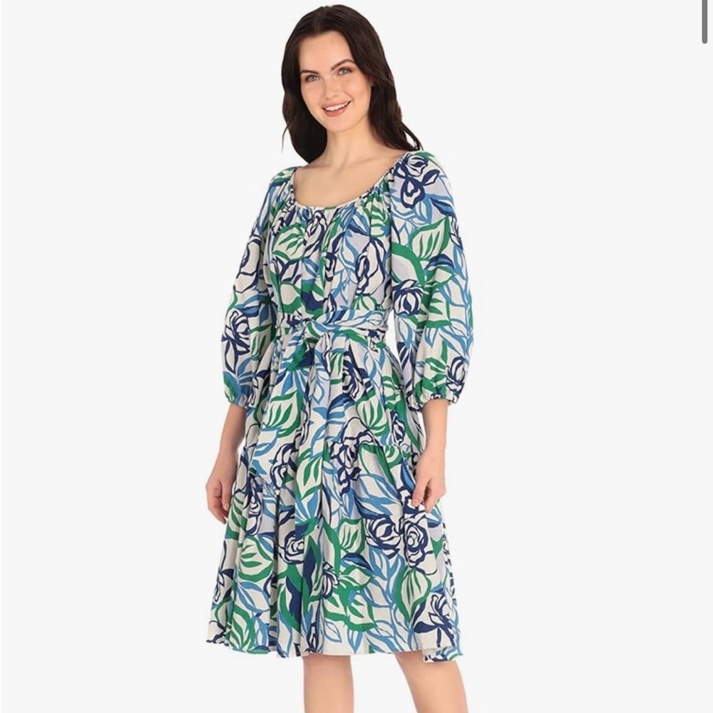 Maggy London Blue and Green Patterned Midi Dress